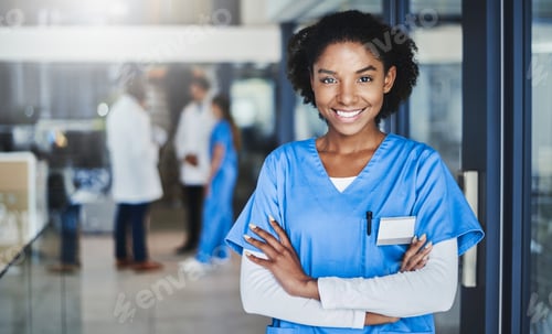 Preview: Portrait of a confident young doctor working in a hospital with her colleagues in the background