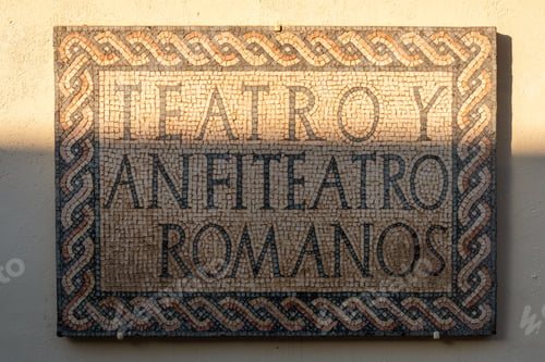 Preview: Roman sign at the entrance of the Roman Ruins of Merida, Extremadura. Spain