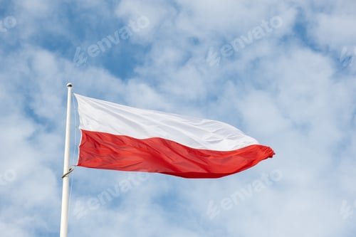 Preview: Flag of Poland waving at wind against beautiful blue sky. Polish flag White and red flutters on blue
