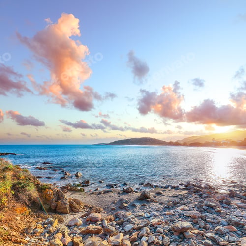 Preview: Astonishing View of beautiful Chia bay and wonderful beach with Torre di Chia tower.