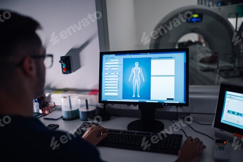 Preview: Radiology technician working at a computer screen during CT scan.