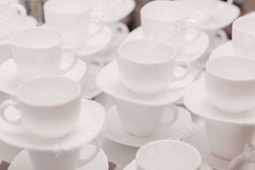 Preview: a lot of rows of pure white cups with plates for coffee or tea break . High quality photo