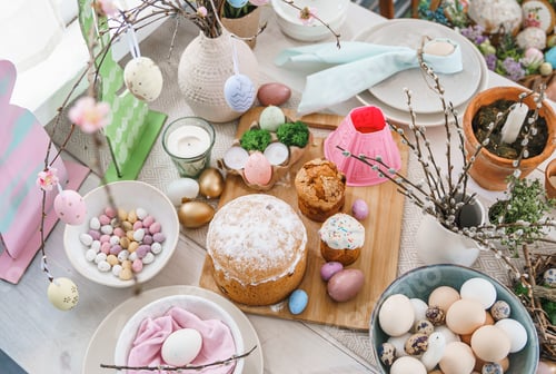 Preview: Table decoration for Easter celebration in kitchen.Tablescape for Easter holiday at home.Family reli