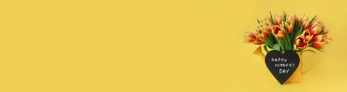 Preview: banner red yellow tulips tin can chalk board heart inscription Happy Mothers Day yellow background