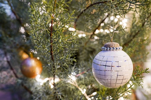 Preview: Christmas tree with white ball. Scandinavian decor. Christmas background