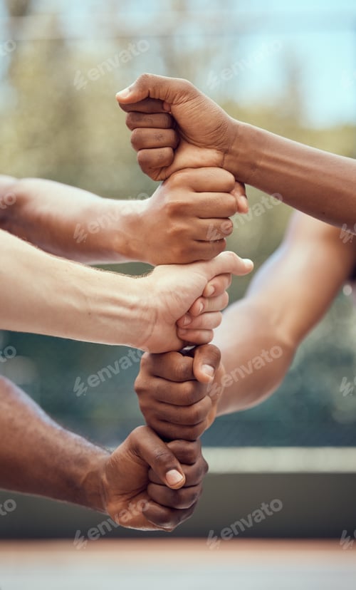 Preview: Team diversity hands, support and sports community of men athlete group ready for training. Solidar