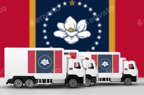 Preview: Mississippi new US state flag depicted on side wall of white delivery van