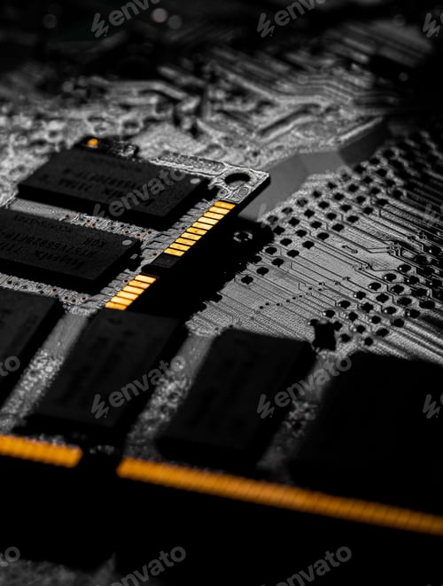Preview: Macro Close up of computer RAM chip and motherboard
