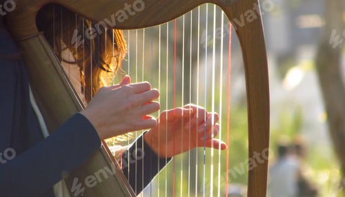 Preview: Closeup of the hands of a woman playing harp in the park