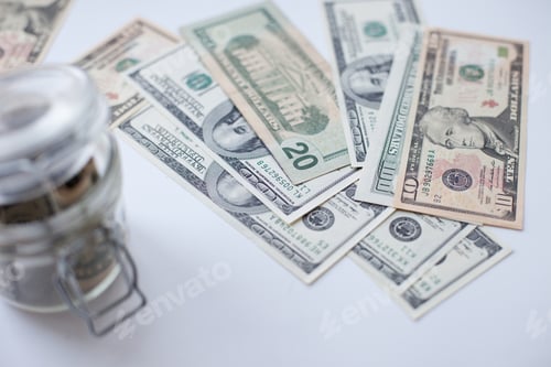 Preview: US american dollars on a table and money in a jar - saving money in money box and personal finance