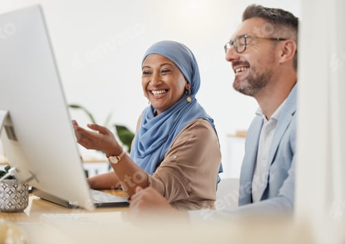 Preview: Training, feedback and computer with business people in office for creative, diversity and coaching