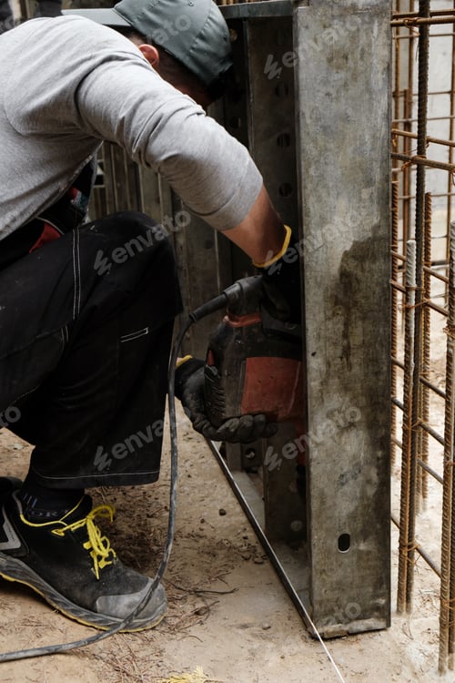 Vista previa: Hombre usando un destornillador mientras trabajaba con materiales de madera en un sitio de construcción