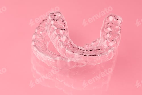 Preview: Two Invisible dental teeth aligners on the pink background. Orthodontic temporary removable braces