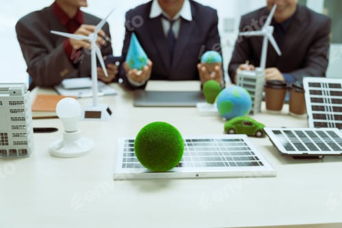 Preview: Three businessmen meet table to discuss the development of a clean energy and environmental city