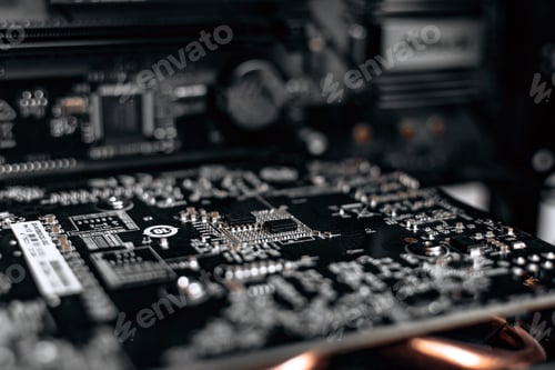 Preview: Close-up photo of dark circuit board of graphics card in desktop computer.