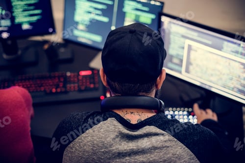 Preview: Caucasian tattooed man working on coding