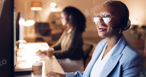 Preview: Call center, support and business woman at night, working on computer, overtime or evening shift. C