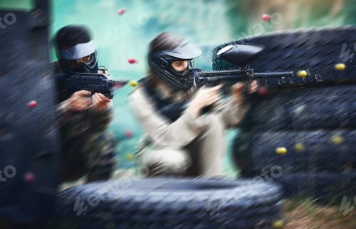 Preview: Paintball, gun or people in a shooting action game with fast action on a fun battlefield on holiday