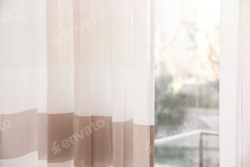 Preview: Window with elegant curtains indoors, closeup view