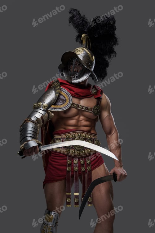 Preview: Violent roman gladiator with helmet and twin swords