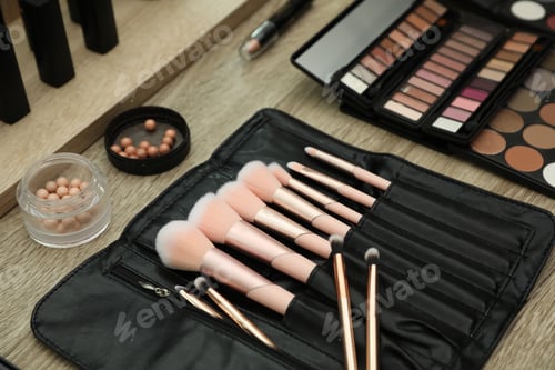 Preview: Professional makeup artists workplace with tools and cosmetic, closeup