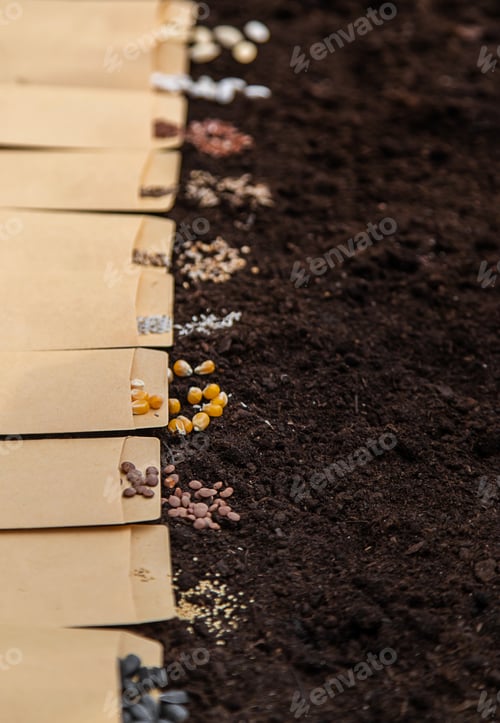 Preview: Sow different seeds in the garden. Selective focus.