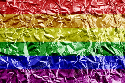 Preview: LGBT community flag depicted in paint colors on shiny crumpled aluminium foil close up