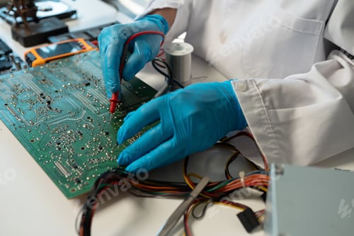 Preview: Close up of Technician measuring voltage electronic circuit board
