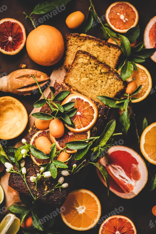 Preview: Citrus Mediterranean loaf cake with fresh fruits over rusty background