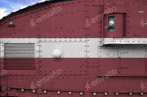 Preview: Latvia flag depicted on side part of military armored tank close up