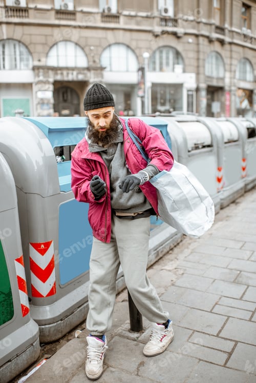 Preview: Homeless beggar near the trash containers in the city
