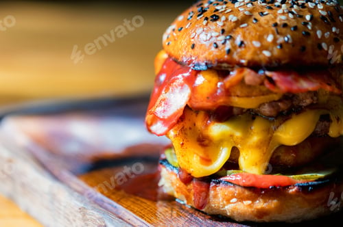 Preview: Close up tasty burger with minced meat served on tray