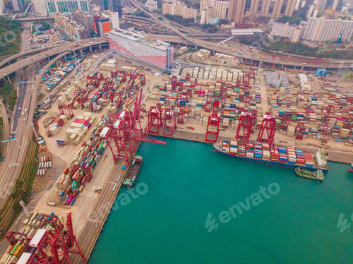Preview: container cargo ship in the export and import business and logistics. Shipping to the harbor