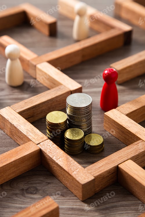 Preview: Group of coins heaps in the maze game built by wood blocks, find a way to money resource concept