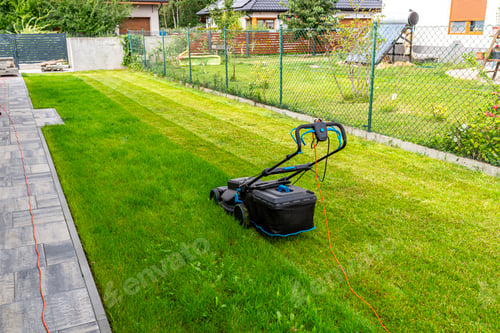 Preview: Mowing grass with an electric, powered mower, with a cutting width of 44 cm, visible mown rows.