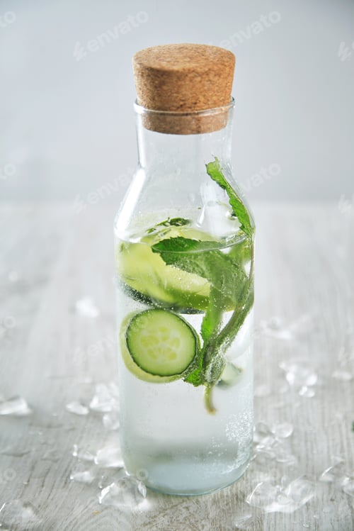 Preview: Vintage glass bottle filled with cold fresh cucumber mint lime lemonade
