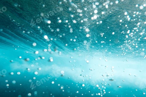 Preview: Underwater View of Bubbles In Deep Blue Sea. Close Up Water. Background