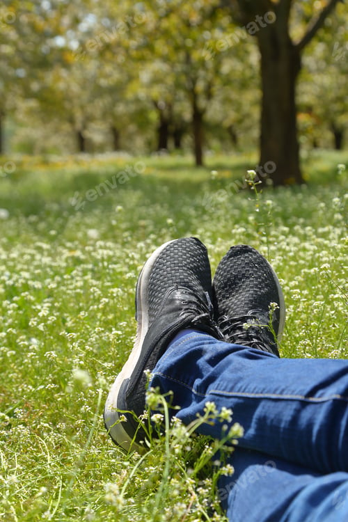 Preview: Feet in shoes on green field with flowers