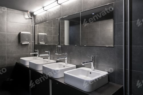 Preview: Faucets with washbasin in public restroom in grey colors