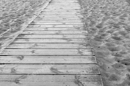Preview: Wooden Scaffold Or The Board Sidewalk Of Gray Color Closeup On The Sandy Beach And A Blank Space