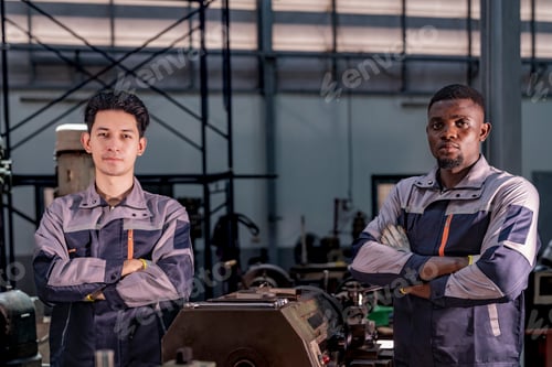 Preview: Two confident industrial technicians standing in a machine workshop