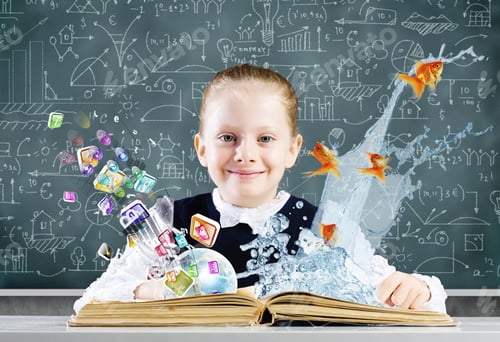Preview: Schoolgirl At Lesson With Opened Book Against Sketch Background