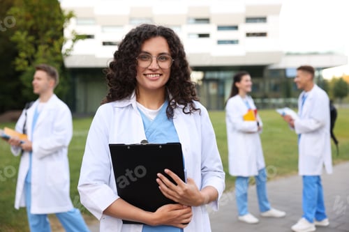 Preview: Medical student in uniform with clipboard outdoors, selective focus