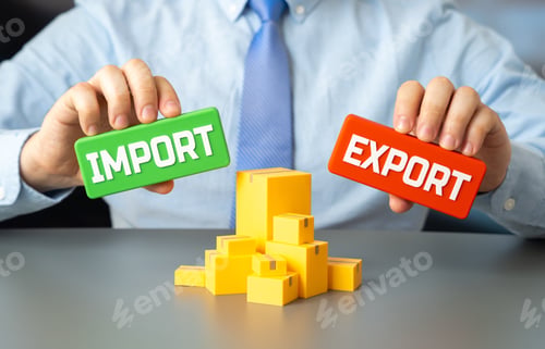 Preview: Boxes with goods and signs for import and export. Trade and transportation of goods across borders