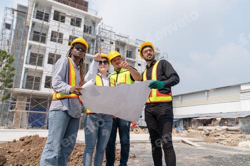 Preview: Team civil engineers architect foreman holding blueprint explaining building project plant site
