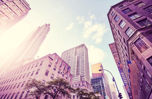 Preview: Looking up at Manhattan buildings at sunset, NYC.