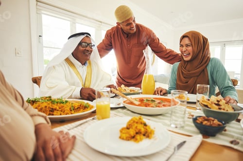 Preview: Food, lunch and muslim with big family at table for eid mubarak, Islamic celebration and happy. Ram