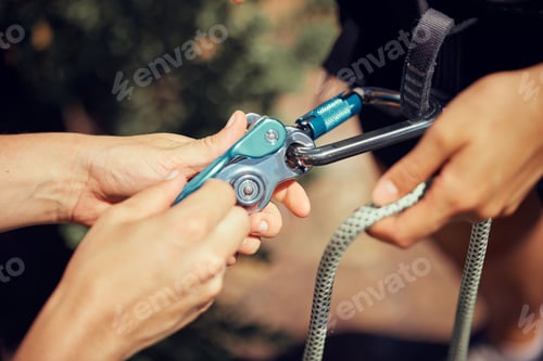 Preview: Security, safety hands with harness, rope or climber cable gear for mountain adventure, rock climbi