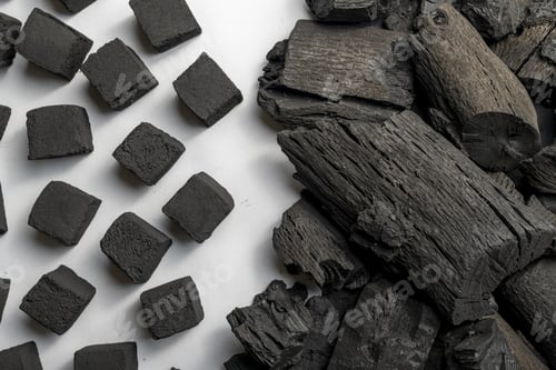 Preview: Closeup shot of natural wood charcoal with cubes on white background
