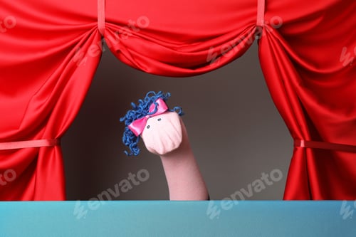 Preview: Creative puppet show on stage with red curtains